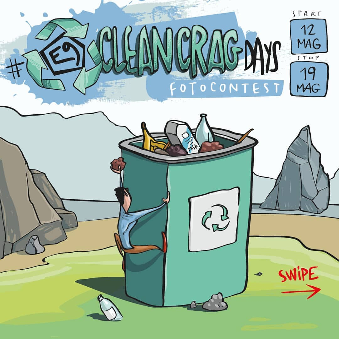 E9 Clean Crag Days 緑のごみ容器に乗るキャラクターとリサイクルのマークを描いたClean Crag Daysのポスター