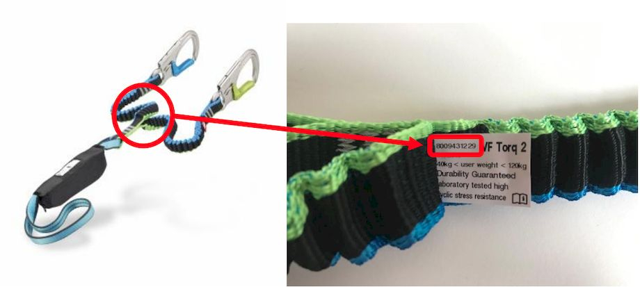 ビアフェラータセットと、ラベルに記載されたロット番号の位置の詳細。