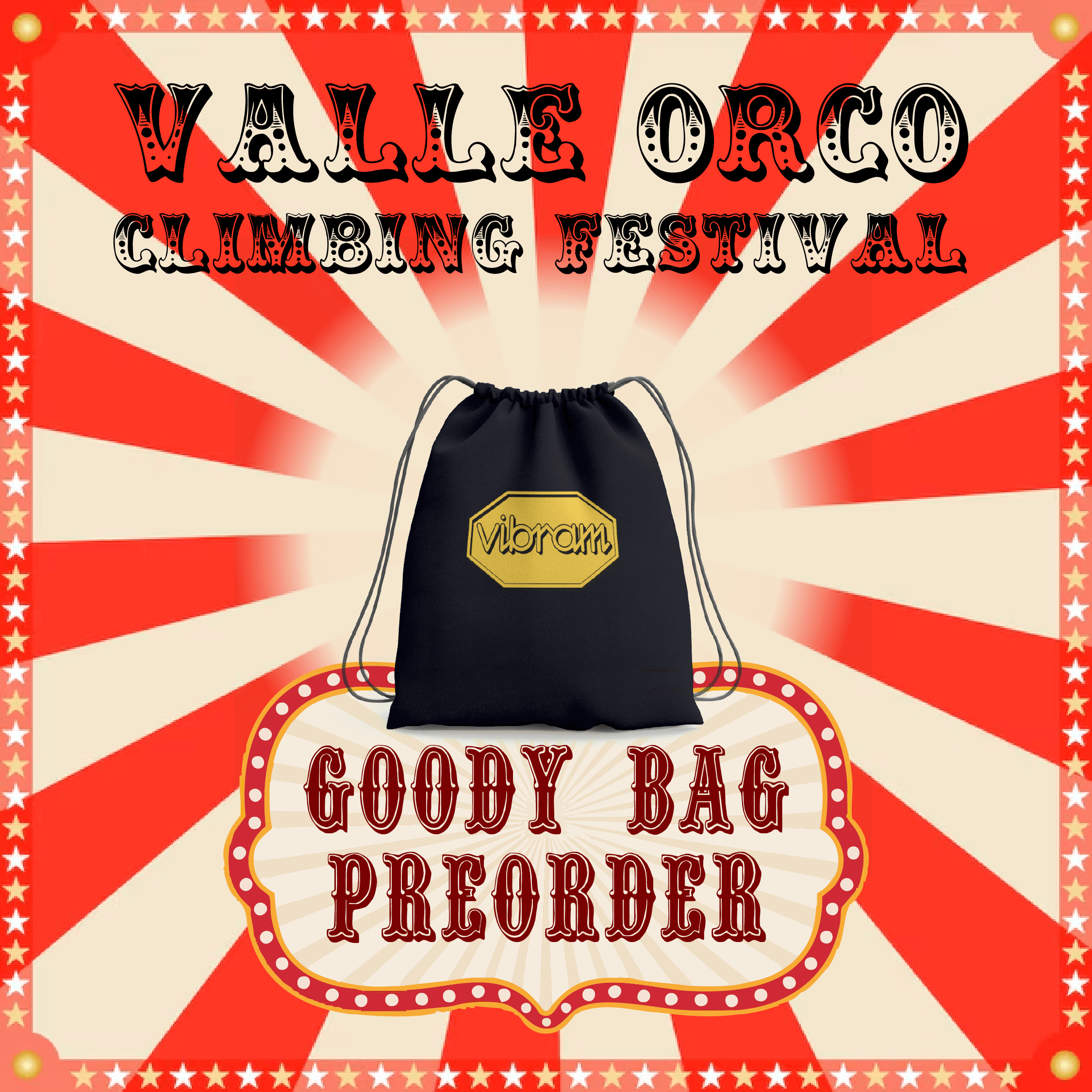 Vibramの巾着バッグの事前注文を案内するValle Orco Climbing Festivalの告知画像