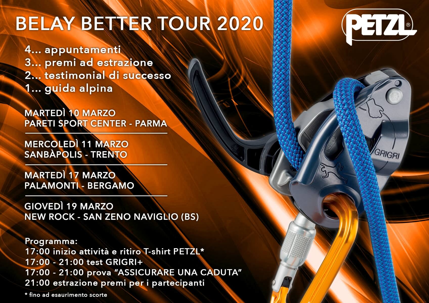 Petzl Belay Better イタリアの四会場とビレイデバイスが描かれた、オレンジ色のPetzl Belay Better Tour 2020のポスター
