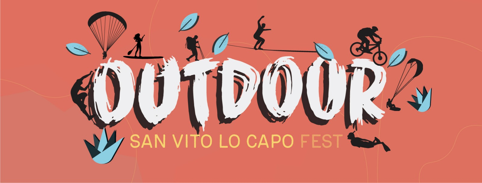 san vito outdoor festival コーラル色の背景にスポーツをする人のシルエットが描かれたSan Vito Lo Capo Outdoor Festivalのポスター