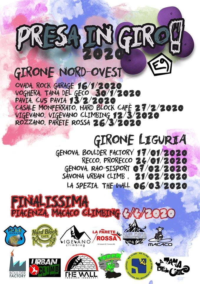 presa in giro Nord OvestとLiguriaの地域別サーキット、四月4日のPiacenzaでの決勝を紹介するPresa in Giro 2020ボルダリング大会のポスター