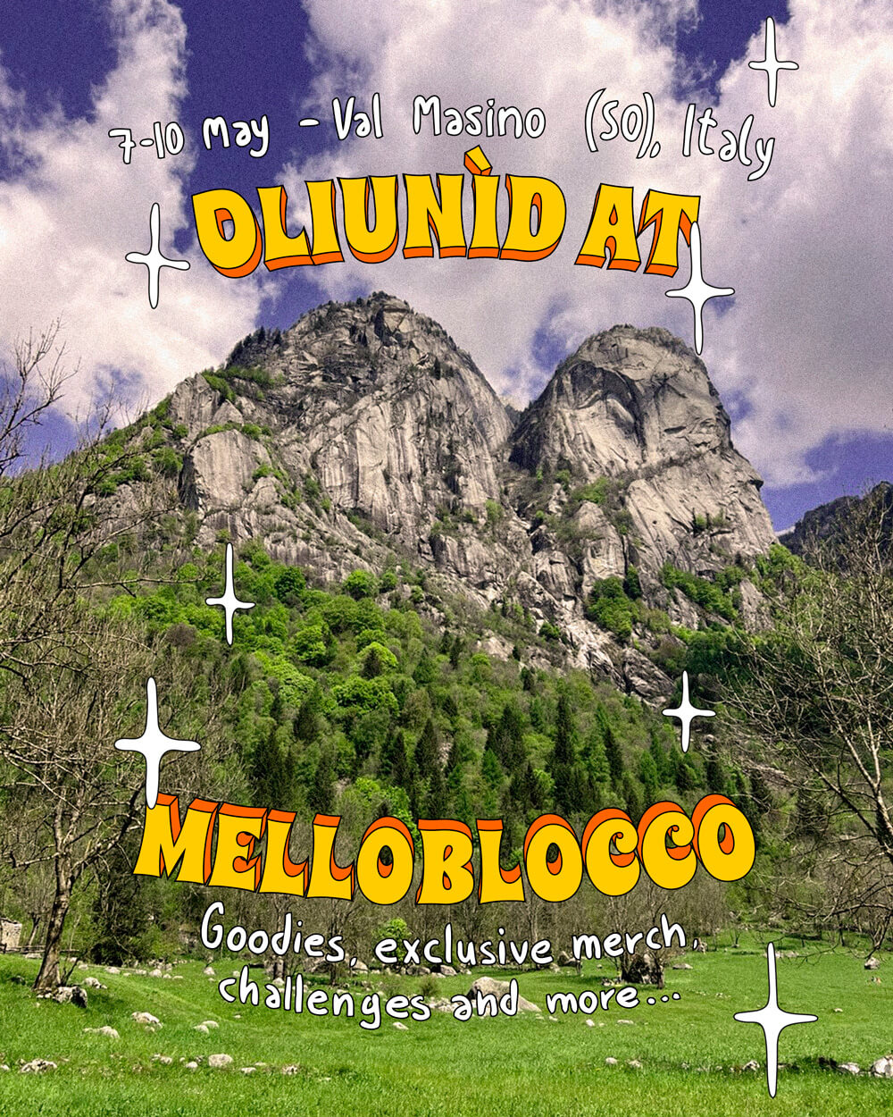 Val Masinoの山と5月7~10日の日付を示すOliunìdのMelloblocco 2025ポスター