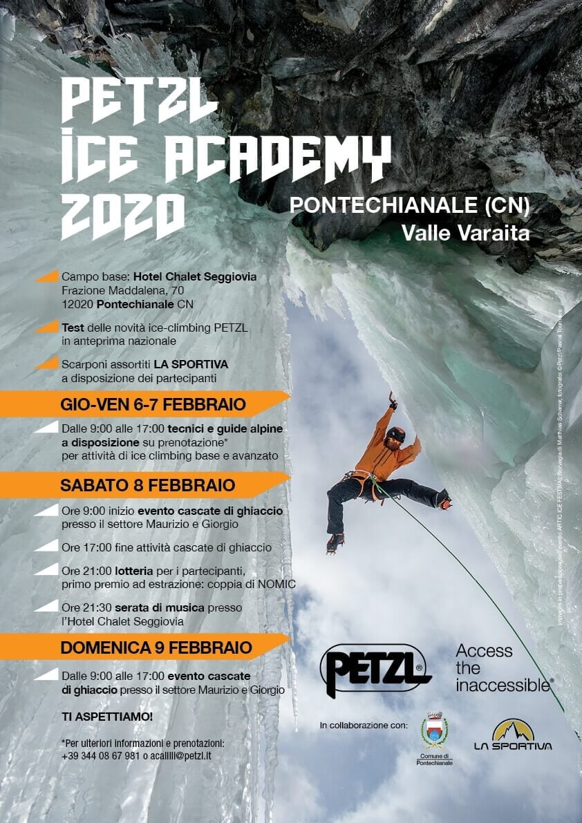 Petzl Ice Academy 2020 PontechianaleでのPetzl Ice Academy 2020のポスター。2月6〜9日の日程と、氷を登る人が写っている