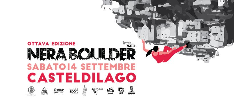 nera boulder 9月14日土曜日にCasteldilagoで開催される八回目のNera Boulderのポスター。登る人のシルエットが描かれている