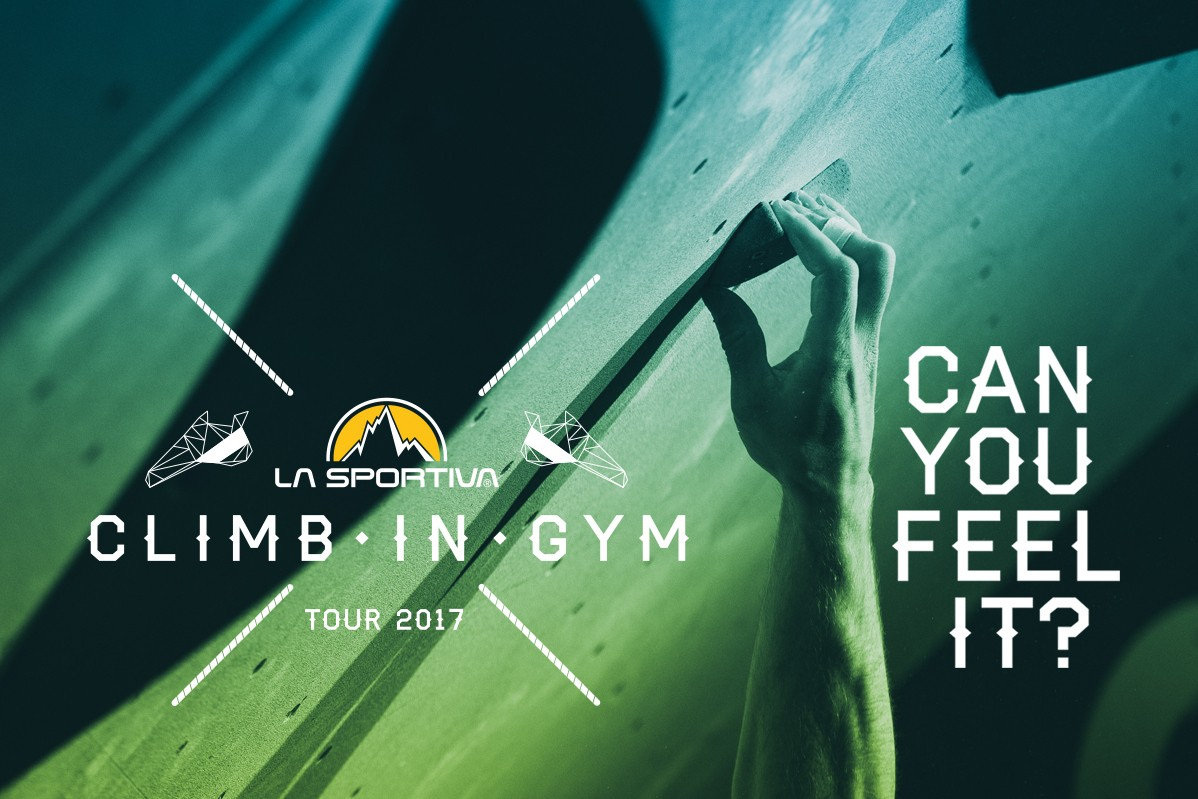 climb in gym クライミングホールドに置かれた手を描いたLa Sportiva Climb in Gym Tour 2017のグラフィック